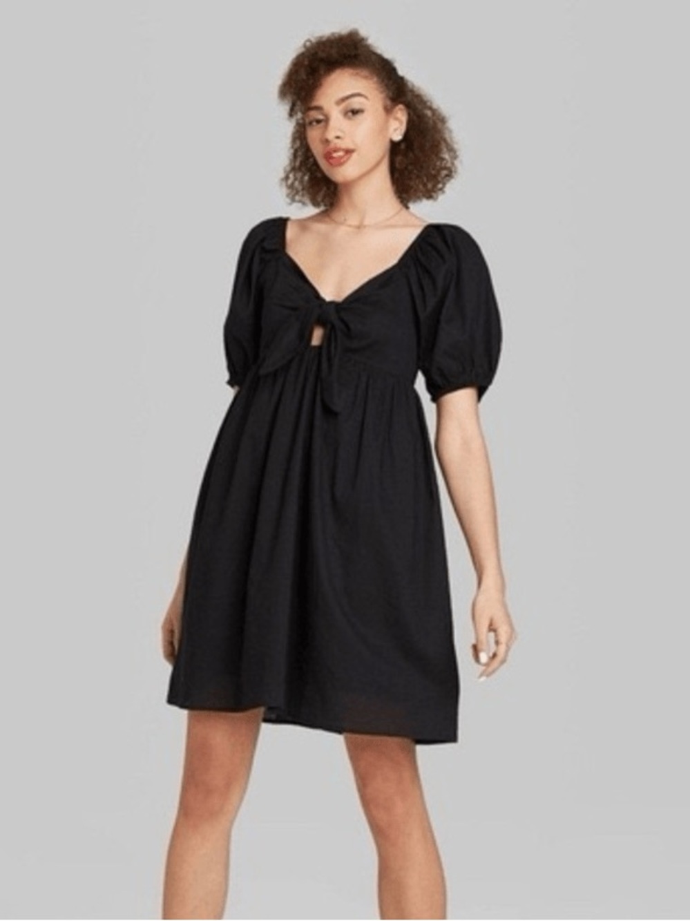 wild fable Black Puff-Sleeve Tie-Front Mini Dress